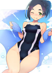 Rule 34 | 1girl, ;p, alternate costume, bare arms, bare shoulders, black hair, blue sky, blush, breasts, cameltoe, cloud, commentary request, competition swimsuit, covered navel, gluteal fold, green eyes, groin, hair ornament, hairclip, high ponytail, highleg, holding, holding towel, kantai collection, kuroshio (kancolle), kuroshio kai ni (kancolle), looking at viewer, one-piece swimsuit, one eye closed, outdoors, short hair, sky, small breasts, smile, solo, swimsuit, taketora suzume, thighs, tongue, tongue out, towel