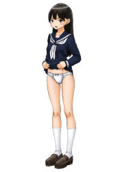 Rule 34 | 1girl, black eyes, black hair, black sailor collar, black shirt, black skirt, blouse, blush, bow, bow panties, brown footwear, clothes lift, crotch seam, frown, full body, lifted by self, loafers, long hair, looking at viewer, maburu (lojyq1eur3e8bit), miniskirt, neckerchief, open mouth, original, panties, pleated skirt, sailor collar, school uniform, shirt, shoes, simple background, skirt, skirt lift, socks, solo, standing, underwear, white background, white neckerchief, white panties, white socks