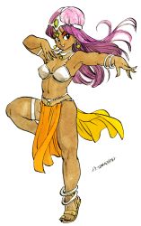 Rule 34 | 1girl, anklet, armlet, armor, artist name, belly chain, bikini, bikini armor, bikini top only, black eyes, bracelet, choker, circlet, dancer&#039;s costume (dq), dark-skinned female, dark skin, dragon quest, dragon quest iv, eyeshadow, full body, grin, highres, jewelry, loincloth, long hair, makeup, manya (dq4), navel, non-web source, official art, outstretched arm, pelvic curtain, purple hair, retro artstyle, sandals, simple background, smile, solo, standing, standing on one leg, swimsuit, thighlet, toriyama akira, white background