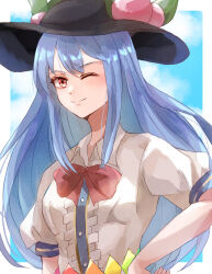 Rule 34 | 1girl, ;), aridamikannn, black hat, blue background, blue hair, border, bow, bowtie, breasts, buttons, center frills, closed mouth, collared shirt, dress shirt, frills, hand on own hip, hat, highres, hinanawi tenshi, leaf hat ornament, light smile, long hair, looking at viewer, one eye closed, peach hat ornament, puffy short sleeves, puffy sleeves, rainbow order, red bow, red bowtie, shirt, short sleeves, small breasts, smile, solo, touhou, upper body, very long hair, white border