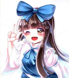 Rule 34 | 1girl, ;d, bloom, blue bow, blue dress, blue ribbon, blunt bangs, blush, bow, breasts, brown eyes, brown hair, commentary request, dress, fairy wings, fingernails, frilled shirt collar, frills, hair bow, hand up, happy, highres, juliet sleeves, long hair, long sleeves, looking at viewer, nemonadi, one eye closed, open mouth, puffy sleeves, ribbon, simple background, small breasts, smile, solo, star sapphire, touhou, traditional media, upper body, very long hair, w, white background, wide sleeves, wings