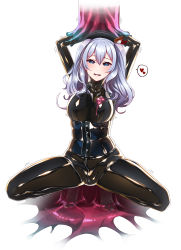 Rule 34 | 1girl, absurdres, beret, black bodysuit, black hat, blue eyes, bodysuit, breasts, corset, hat, heart, hiememiko, highres, kantai collection, kashima (kancolle), large breasts, latex, latex bodysuit, latex suit, shiny clothes, sidelocks, silver hair, skin tight, solo, spoken heart, spread legs, squatting, sweat, twintails, wavy hair, white background