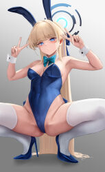 Rule 34 | 1girl, animal ears, bare shoulders, blonde hair, blue archive, blue eyes, blue footwear, blue leotard, blush, breasts, cleavage, detached collar, double v, fake animal ears, hair ribbon, high heels, highleg, highleg leotard, highres, leotard, long hair, looking at viewer, medium breasts, official alternate costume, playboy bunny, rabbit ears, ribbon, solo, squatting, strapless, strapless leotard, thighhighs, toki (blue archive), toki (bunny) (blue archive), v, very long hair, white thighhighs, wrist cuffs, yamaneko (tkdrumsco)