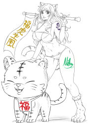 Rule 34 | 1girl, animal ears, breasts, cat ears, cat tail, chinese text, chinese zodiac, closed eyes, highres, large breasts, lineart, mifenami, nami (one piece), one piece, shoulder tattoo, tail, tattoo, tiger, tiger tail, underwear, year of the tiger
