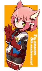 Rule 34 | 1girl, 7th dragon, 7th dragon (series), animal ear fluff, animal ears, anniversary, belt, belt buckle, bike shorts, black shorts, blue jacket, blush, buckle, cat ears, closed mouth, copyright name, cropped legs, fighter (7th dragon), gloves, green eyes, hair between eyes, hair bobbles, hair ornament, hands up, harukara (7th dragon), jacket, long sleeves, naga u, one side up, orange background, pink hair, red gloves, short shorts, shorts, smile, solo, striped clothes, striped thighhighs, thighhighs, two-tone background, white background, white belt