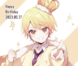 Rule 34 | 1boy, blonde hair, cape, cardigan, clenched hand, collared shirt, commentary, crown, dated, diagonal-striped clothes, diagonal-striped necktie, double-parted bangs, fur-trimmed cape, fur trim, grin, happy birthday, index finger raised, kamiyama high school uniform (project sekai), long sleeves, loose necktie, male focus, multicolored hair, multicolored necktie, necktie, open collar, orange cape, orange hair, pink background, pointing, pointing at viewer, project sekai, qi7pi, red necktie, school uniform, shirt, smile, sparkle, sparkling eyes, striped clothes, symbol in eye, tenma tsukasa, two-tone background, upper body, white shirt, yellow cardigan, yellow eyes