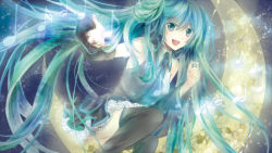 Rule 34 | 1girl, crescent moon, detached sleeves, green eyes, green hair, hatsune miku, iari (etc), long hair, matching hair/eyes, moon, musical note, necktie, open mouth, skirt, solo, thighhighs, twintails, very long hair, vocaloid