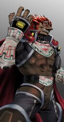 Rule 34 | 1boy, abs, absurdres, armor, belt, cape, commentary request, dark-skinned male, dark skin, from below, ganondorf, gradient background, grey background, grin, highres, looking at viewer, male focus, nintendo, red cape, red eyes, red hair, short hair, simple background, smile, solo, standing, teeth, the legend of zelda, the legend of zelda: ocarina of time, yuuri (fukuroudou)