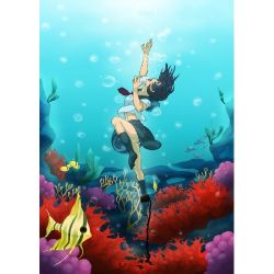 Rule 34 | 1girl, air bubble, asphyxiation, blue hair, breath, bubble, chain, drowning, fish, lowres, open mouth, original, panties, school uniform, short hair, solo, submerged, underwater, underwear