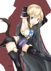 Rule 34 | 1girl, alternate costume, armpits, arms behind head, arms up, artist name, black thighhighs, blonde hair, blue eyes, boots, brown hair, covered navel, dog tail, erica hartmann, looking at viewer, misasagi sasami, multicolored hair, open mouth, signature, solo, strike witches, tail, thigh boots, thighhighs, two-tone hair, world witches series