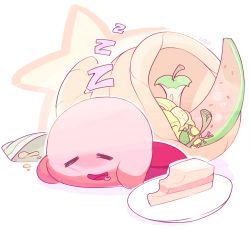 Rule 34 | 1boy, :d, = =, apple, artist name, bag, banana, blush, chips (food), colored skin, cornucopia, drooling, food, fruit, galabuddy, green apple, kirby, kirby (series), male focus, nintendo, on floor, open mouth, outline, pink skin, plate, potato chips, saliva, signature, simple background, sleeping, smile, solo, split mouth, star (symbol), watermelon, white background, zzz