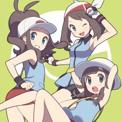 Rule 34 | 3girls, :d, :o, ;d, agata (agatha), arm up, armpits, arms behind head, arms up, bad id, bad twitter id, bag, bandana, bare arms, bare legs, bare shoulders, baseball cap, bike shorts, black eyes, black wristband, blue dress, blue eyes, blue shirt, blush, braid, breasts, brown hair, clenched hand, clenched teeth, collared dress, collared shirt, color switch, cosplay, creatures (company), dress, female focus, game freak, gloves, green background, happy, hat, hilda (pokemon), holding, holding poke ball, leaf (pokemon), leaf (pokemon) (cosplay), legs, light blue clothes, light blue dress, light blue shirt, long hair, looking at viewer, looking back, may (pokemon), may (pokemon emerald), medium breasts, multicolored clothes, multicolored gloves, multiple girls, nintendo, one eye closed, open mouth, poke ball, pokemon, pokemon bw, pokemon emerald, pokemon rgby, pokemon rse, pokemon usum, ponytail, premier ball, red shorts, round teeth, selene (pokemon), shirt, short hair, shorts, sleeveless, sleeveless dress, sleeveless shirt, small breasts, smile, sun hat, super smash bros., swept bangs, teeth, twin braids, white bandanna, white gloves, white headwear, wink, wristband