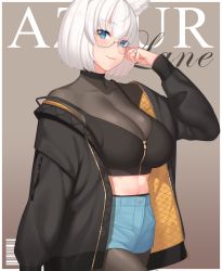 Rule 34 | 1girl, animal ears, azur lane, bespectacled, black jacket, black pantyhose, blue eyes, breasts, cleavage, closed mouth, collarbone, commentary request, copyright name, fox ears, franham, glasses, hand up, high-waist shorts, highres, jacket, jewelry, kaga (azur lane), large breasts, long sleeves, looking at viewer, midriff, nail polish, no tail, off shoulder, open clothes, open jacket, pantyhose, red nails, revision, ring, short hair, short shorts, shorts, smile, solo, strap slip, white hair, zipper pull tab