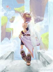 1boy ancient_greek_clothes androgynous angel angel_wings armlet artist_name back belt bike_shorts_under_skirt black_undershirt brown_belt brown_footwear commentary creature english_commentary full_body gold_armlet greco-roman_clothes highres jewelry kid_icarus kid_icarus_uprising laurel_crown male_focus monoeye myartsyworld nintendo pit_(kid_icarus) red_trim single_bare_shoulder solo_focus spiked_hair twitter_username white_wings wings