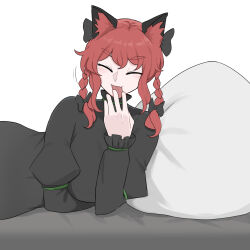 Rule 34 | 1girl, animal ears, black bow, black dress, bow, cat ears, cat girl, closed eyes, commentary, dress, english commentary, hair bow, highres, juliet sleeves, kaenbyou rin, long sleeves, lying, mata (matasoup), medium hair, on side, puffy sleeves, red hair, simple background, solo, touhou, white background