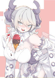 Rule 34 | 1girl, blush, breasts, cleavage, demon girl, demon horns, demon wings, dress, duel monster, food, gloves, grey eyes, grey hair, highres, horns, ice, large breasts, leotard, leotard under clothes, looking at viewer, lovely labrynth of the silver castle, low wings, multiple wings, open mouth, pointy ears, solo, spread cleavage, transparent wings, twintails, wan ban, white horns, wings, yu-gi-oh!