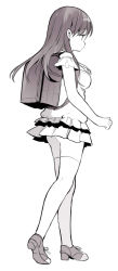 Rule 34 | 1girl, ass, backpack, bag, bare shoulders, breasts, character request, dress, frilled dress, frills, from behind, high heels, highres, itsumi (itumiyuo), long hair, looking away, medium breasts, monochrome, profile, randoseru, saki, saki (manga), saki achiga-hen, shoes, simple background, solo, thighhighs, white background