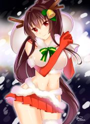 Rule 34 | 10s, 1girl, antlers, bad id, bad pixiv id, bare shoulders, blush, breasts, brown hair, cherry blossoms, christmas, elbow gloves, flower, gloves, hair flower, hair ornament, horns, kantai collection, large breasts, long hair, looking at viewer, midriff, miniskirt, navel, personification, ponytail, red eyes, red gloves, sack, saikawa yusa, skirt, smile, snow, solo, thighhighs, very long hair, yamato (kancolle)