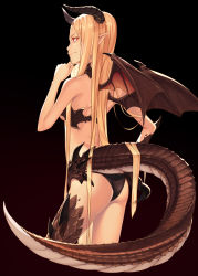 Rule 34 | 1girl, ass, bad id, bad pixiv id, bikini, black background, black bikini, black nails, blonde hair, breasts, cropped legs, dragon girl, dragon horns, dragon tail, dragon wings, fingernails, from behind, hand on own chin, highres, horns, kimura (ykimu), long hair, looking to the side, medium breasts, nail polish, original, pointy ears, profile, red eyes, scales, sharp fingernails, simple background, smile, solo, swimsuit, tail, very long hair, wings