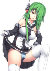 Rule 34 | 1girl, admiral hipper (warship girls r), bare shoulders, black skirt, blue panties, breasts, cameltoe, clothes lift, detached sleeves, gloves, green hair, hair over one eye, headgear, highres, knee up, large breasts, lifted by self, long hair, looking at viewer, naughty face, panties, parted lips, red eyes, sidelocks, simple background, skirt, skirt lift, smile, solo, srwsrx (gp03dsrx), thighhighs, thighs, underwear, warship girls r, white background, white gloves, white thighhighs