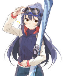 Rule 34 | 1girl, adjusting eyewear, bad id, bad pixiv id, blue hair, blush, commentary request, glasses, goggles, hair between eyes, hand on eyewear, hat, long hair, looking at viewer, love live!, love live! school idol festival, love live! school idol project, simple background, ski gear, ski goggles, skis, smile, solo, sonoda umi, totoki86, white background, yellow eyes