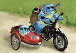 Rule 34 | blastoise, bulbasaur, character print, charmander, claws, closed mouth, commentary, creatures (company), day, game freak, gen 1 pokemon, grass, highres, holding, koala 0l, looking at viewer, motor vehicle, motorcycle, nintendo, no humans, outdoors, pokemon, pokemon (creature), sidecar, sitting, smile, squirtle, sticker, sunglasses, symbol-only commentary, wheel