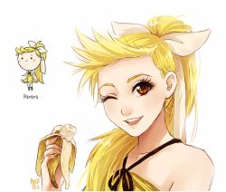 Rule 34 | 1girl, banana, bare arms, bare shoulders, blonde hair, blush stickers, bow, brown eyes, chibi, dress, food, food-themed clothes, fruit, hair bow, holding, long hair, meago, one eye closed, open mouth, original, personification, ponytail, signature, simple background, sketch, smile, solo, themed object, upper body, wink, yellow dress