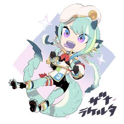 Rule 34 | 1girl, absurdres, animal feet, animal hands, aqua hair, aqua scales, aqua skin, black shorts, blue eyes, chibi, claws, colored skin, colored tongue, detached sleeves, dragon girl, dragon horns, dragon tail, eyes visible through hair, forked tongue, full body, gradient background, gradient eyes, hands up, high collar, highres, hip vent, horns, inu fuji, looking at viewer, monster girl, multicolored background, multicolored eyes, multicolored hair, multicolored skin, open mouth, original, pink background, purple background, purple eyes, purple tongue, sandals, scales, sharp teeth, short eyebrows, short hair with long locks, shorts, small horns, solo, star-shaped pupils, star (symbol), streaked hair, symbol-shaped pupils, tail, teeth, thigh strap, tongue, tongue out, virtual youtuber