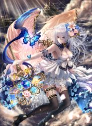 Rule 34 | 1girl, absurdres, arm at side, black thighhighs, blue butterfly, blue eyes, boots, breasts, brown thighhighs, bug, butterfly, collar, dress, earrings, flower, hair flower, hair ornament, high heel boots, high heels, highres, holding, holding wand, insect, jewelry, knee boots, long hair, medium breasts, original, pale skin, solo, stud earrings, thigh strap, thighhighs, veil, wand, white dress, white hair