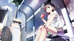 Rule 34 | 10s, 1girl, 2015, absurdres, bare legs, blush, brown eyes, brown hair, building, bus stop, casual, cellphone, cellphone charm, character name, charm (object), city, clothes writing, cup, dated, disposable cup, drinking straw, from below, gekota, highres, holding, holding cup, holding phone, kentia, kentllaall, charm (object), long legs, looking at viewer, misaka mikoto, multiple girls, outdoors, outstretched arm, parted lips, phone, shirt, short hair, signature, sitting, skirt, skyscraper, smartphone, t-shirt, toaru kagaku no railgun, toaru majutsu no index, white shirt