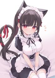 Rule 34 | 1girl, animal ears, apron, black hair, breasts, cat ears, cat girl, cat tail, earrings, from above, highres, jewelry, large breasts, long hair, looking at viewer, maid, maid apron, maid headdress, mikaze oto, original, piercing, red eyes, ribbon, sitting, tail, white legwear