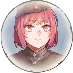 Rule 34 | + +, 1girl, border, brown hat, closed mouth, company of heroes, hair between eyes, hat, jacket, lowres, military, military hat, military jacket, military uniform, original, red eyes, red hair, red star, solo, soviet, soviet army, star (symbol), thick eyebrows, uniform, v-shaped eyebrows, world war ii, zhainan s-jun