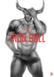 Rule 34 | 1boy, abs, absolum, absolum art, bara, character name, dragon age, dragon age: inquisition, eyepatch, facial hair, hand on own face, hand under clothes, highres, horns, male focus, monochrome, muscular, nipples, pointy ears, scar, shoulder tattoo, smile, tattoo, the iron bull, thighs, underwear, underwear only
