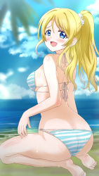 Rule 34 | 1girl, artist name, artist request, ass, ayase eli, back-tie bikini, bare legs, bare shoulders, barefoot, beach, bikini, blonde hair, blue eyes, blue sky, blush, breasts, cloud, couch, day, feet, female focus, from behind, hair between eyes, hair ornament, hair scrunchie, high ponytail, long hair, looking at viewer, looking back, love live!, love live! school idol project, medium breasts, ocean, on couch, outdoors, parted lips, ponytail, scrunchie, sideboob, sky, smile, solo, string bikini, striped bikini, striped clothes, swimsuit, wet, wet clothes, wet swimsuit, white scrunchie, worried