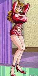 Rule 34 | 1990s (style), 1girl, adjusting hair, aliasing, arms behind head, arms up, bare legs, belt, blonde hair, breasts, bursting breasts, cleavage, curtains, dress, earrings, female focus, floor, high heels, highres, huge breasts, jewelry, large breasts, legs, long hair, long legs, looking at viewer, narrow waist, naughty face, pachinko sexy reaction, red dress, red footwear, retro artstyle, sammy, shoes, short dress, skirt, smile, solo, standing, tachibana mifuyu, taut clothes, taut dress, thighs, yellow eyes