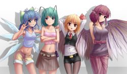 Rule 34 | 4girls, adapted costume, aged up, alternate costume, animal ears, antennae, arms behind head, ascot, bag, bare shoulders, belt, bird wings, blonde hair, blue eyes, blue hair, breasts, brown legwear, cirno, contemporary, crop top, crossed arms, flat chest, gradient background, green eyes, green hair, grin, hair ribbon, hand on another&#039;s shoulder, handbag, hater (hatater), highres, ice, ice wings, long sleeves, looking at viewer, medium breasts, midriff, multiple girls, mystia lorelei, nail polish, navel, no headwear, non-web source, open mouth, pants, pantyhose, pantyhose under shorts, pink eyes, pink hair, pout, red eyes, ribbon, rumia, sash, short hair, shorts, simple background, skirt, sleeveless, slit pupils, small breasts, smile, team 9 (touhou), thigh gap, touhou, v, vest, wings, wriggle nightbug