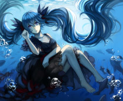 Rule 34 | 1girl, barefoot, black dress, black ribbon, blue eyes, blue hair, breasts, bubble, cleavage, collarbone, dress, fish, floating hair, full body, hair between eyes, hair ribbon, hatsune miku, highres, long hair, longyu, looking at viewer, medium breasts, open mouth, ribbon, shinkai shoujo (vocaloid), sleeveless, sleeveless dress, solo, twintails, underwater, very long hair, vocaloid