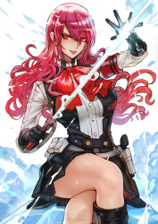 Rule 34 | black gloves, buttons, commentary request, crossed legs, english text, eyelashes, gloves, hair between eyes, highres, holding, holding sword, holding weapon, kirijou mitsuru, long hair, magion02, on ice, parted lips, persona, persona 3, persona 3 reload, red eyes, red hair, red lips, sitting, smile, solo, sword, wavy hair, weapon
