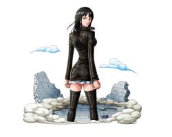 Rule 34 | 1girl, ass, back, black dress, black hair, black thighhighs, blue eyes, bodskih, dress, hip focus, long hair, looking at viewer, looking back, nico robin, one piece, one piece treasure cruise, shiny clothes, shiny skin, short dress, smoke, solo, standing, thighhighs, transparent background