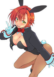 Rule 34 | 1girl, :d, animal ears, ass, blush, bow, bowtie, breasts, rabbit ears, rabbit tail, cleavage, eroe, fake animal ears, fang, genderswap, genderswap (mtf), gloves, green eyes, igarashi kyou (eroe), large breasts, long hair, looking at viewer, open mouth, orange hair, original, pantyhose, playboy bunny, short hair, smile, solo, tail, tears, teeth, tongue, w, white gloves