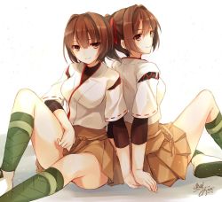 Rule 34 | 2girls, brown eyes, brown hair, hyuuga (kancolle), ise (kancolle), japanese clothes, kantai collection, long hair, looking at viewer, multiple girls, one-hour drawing challenge, pleated skirt, ponytail, short hair, signature, skirt, toosaka asagi