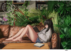 Rule 34 | 1girl, absurdres, bare legs, barefoot, black hair, blue shorts, book, bookshelf, closed mouth, coffee table, commentary request, couch, flower, from side, full body, grey sweater, hair between eyes, highres, holding, holding book, indoors, long hair, long sleeves, looking away, on couch, open book, original, pink flower, pink rose, plant, profile, puffy long sleeves, puffy sleeves, reclining, red eyes, rose, short shorts, shorts, solo, sweater, table, very long hair, wang man