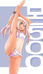 Rule 34 | 1girl, arms up, ass, barefoot, bikini, blue eyes, blush, breasts, cameltoe, character name, commentary request, flexible, frills, highres, kantai collection, kyou (tr-6), leg lift, leg up, long hair, looking at viewer, navel, one-piece tan, open mouth, ro-500 (kancolle), simple background, small breasts, solo, split, standing, standing on one leg, standing split, swimsuit, tan, tanline, thighs, underwear, white bikini, white hair