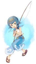 Rule 34 | 1girl, :o, blue eyes, blue hair, blue pants, blue sailor collar, bright pupils, brown footwear, chitozen (pri zen), commentary request, creatures (company), fishing line, fishing rod, flip-flops, full body, game freak, hairband, highres, holding, holding fishing rod, knees together feet apart, lana (pokemon), looking at viewer, nintendo, no sclera, one-piece swimsuit, open mouth, pants, pokemon, pokemon sm, sailor collar, sandals, shirt, short hair, signature, sleeveless, solo, swimsuit, swimsuit under clothes, toes, tongue, trial captain, twitter username, white pupils, white shirt