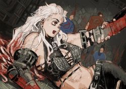 Rule 34 | 1girl, abs, blush, breasts, dorohedoro, earrings, gloves, jewelry, kaitennsiki, large breasts, leather, long hair, muscular, muscular female, navel, necktie, noi (dorohedoro), open mouth, pants, red eyes, smile, stitches, white hair