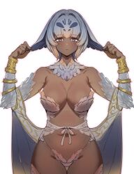 Rule 34 | 1girl, bikini, blue eyes, bow (bhp), breasts, cleavage, closed mouth, commentary request, copyright request, dark-skinned female, dark skin, grey hair, large breasts, looking at viewer, navel, red pupils, short hair, simple background, solo, swimsuit, thighs, white background