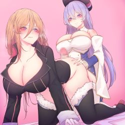 Rule 34 | 2girls, absurdres, all fours, ass, azur lane, bismarck (azur lane), black footwear, black headwear, black jacket, blue eyes, boots, braid, breasts, buttjob, buttons, censored, cleavage, coat, commission, detached sleeves, double-breasted, french braid, fur-trimmed boots, fur trim, futa with female, futanari, gold trim, hair between eyes, highres, huge breasts, jacket, kneeling, long hair, mosaic censoring, multicolored coat, multiple girls, penis, pink background, pixiv commission, purple coat, purple eyes, purple hair, rikuguma, rodney (azur lane), simple background, thigh boots, thighhighs, two-tone coat, very long hair, white coat, white footwear