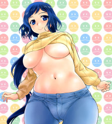 Rule 34 | 10s, 1girl, blue eyes, blue hair, breasts, clothes lift, denim, gundam, gundam build fighters, huge breasts, iori rinko, jeans, large breasts, long hair, matching hair/eyes, mature female, navel, no bra, pants, ponytail, smile, solo, sweater, sweater lift, turtleneck, underboob, very long hair, wide hips, yamaguchi homupe