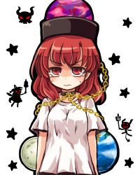 Rule 34 | 1girl, alternate costume, blouse, chain, clownpiece, collar, demon, earth (ornament), earth (planet), hat, hecatia lapislazuli, long hair, lowres, moon, moon (ornament), outline, planet, pote (ptkan), red eyes, red hair, shaded face, shirt, solo, star (symbol), starry background, tearing up, tears, touhou, v-shaped eyebrows, white shirt