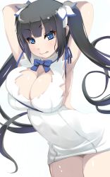 Rule 34 | 1girl, :p, arm ribbon, armpits, arms up, bare shoulders, black hair, blue eyes, blush, breasts, cleavage, cleavage cutout, clothing cutout, dress, dungeon ni deai wo motomeru no wa machigatteiru darou ka, gloves, hair ribbon, hestia (danmachi), large breasts, long hair, rei no himo, ribbon, shiki (psychedelic g2), showing armpits, simple background, smile, solo, tongue, tongue out, twintails, white background, white dress, white gloves